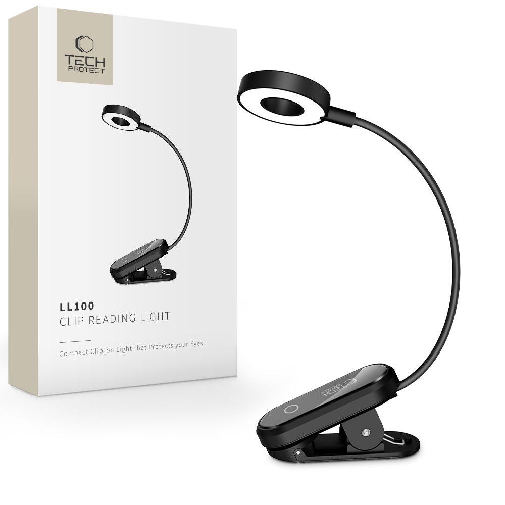 Tech-Protect LL100 belaidė lempa su spaustuku + USB-A / USB-C laidas 30 cm - juoda -- Cell phone cables