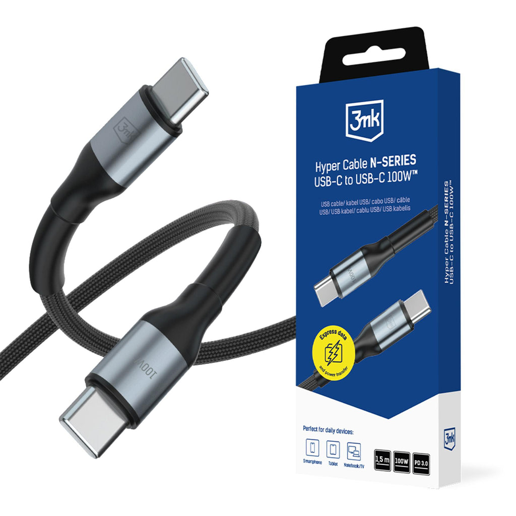 3mk Hyper Cable N-SERIES USB-C / USB-C 1.5m PD 3.0 QC 3.0 20V / 5A 100W - juodas -- Cell phone cables