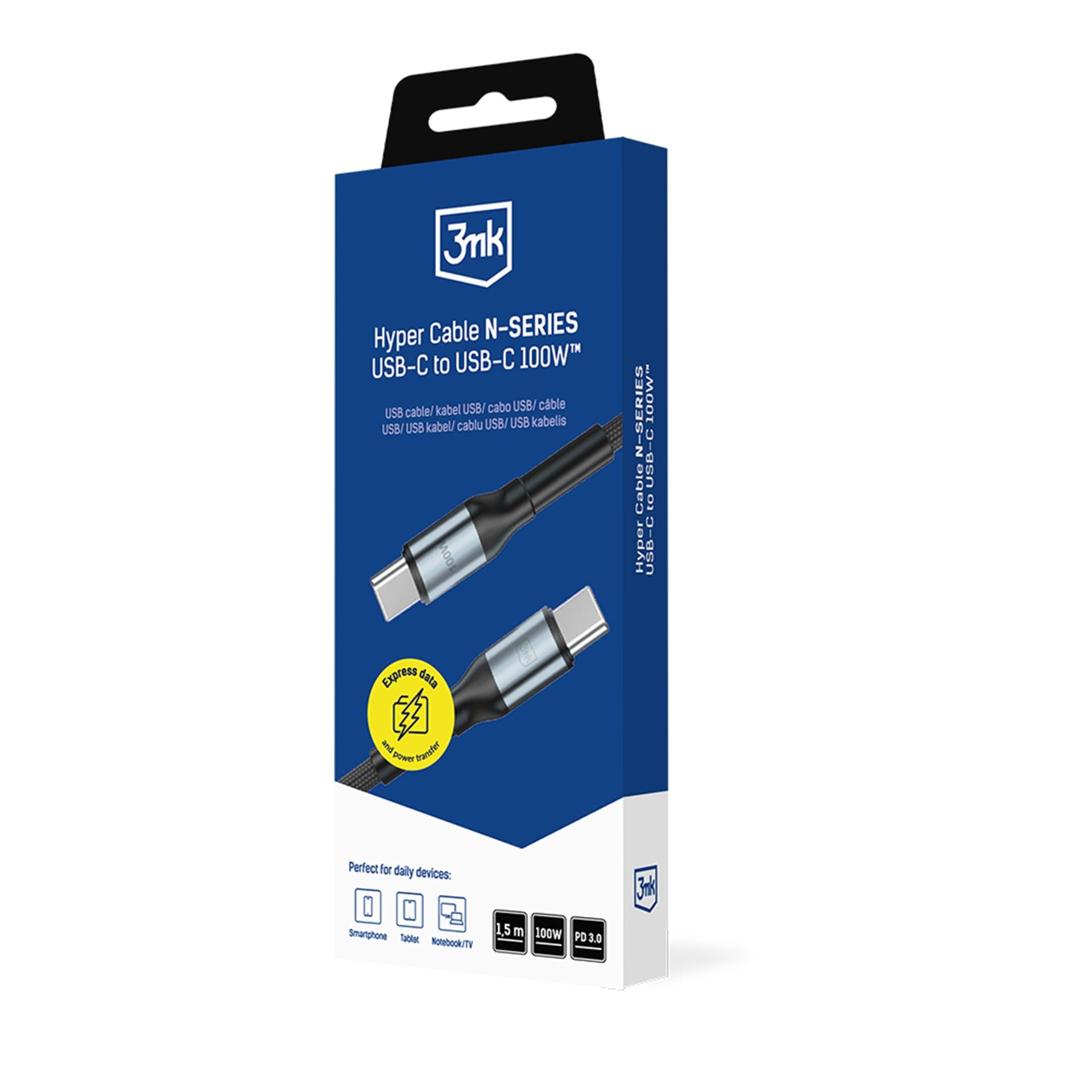 3mk Hyper Cable N-SERIES USB-C / USB-C 1.5m PD 3.0 QC 3.0 20V / 5A 100W - juodas -- Cell phone cables