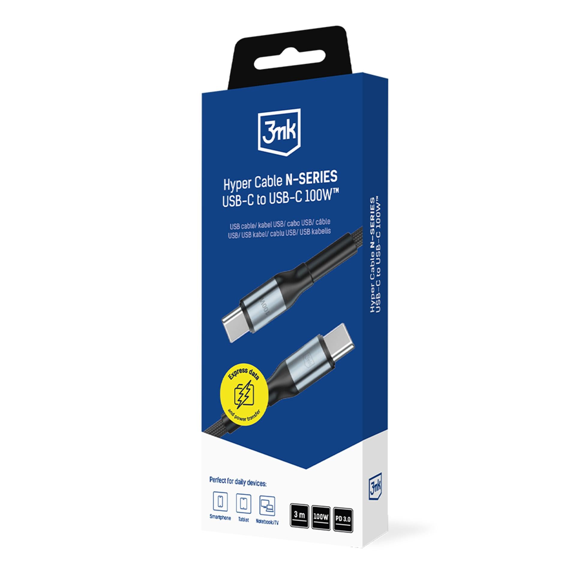 3mk Hyper Cable N-SERIES USB-C / USB-C 3m PD 3.0 QC 3.0 20V / 5A 100W - juodas -- Cell phone cables