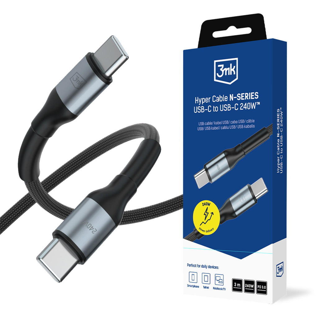 3mk Hyper Cable N-SERIES USB-C / USB-C 3m PD 3.0 QC 3.0 48V / 5A 240W - juodas -- Cell phone cables