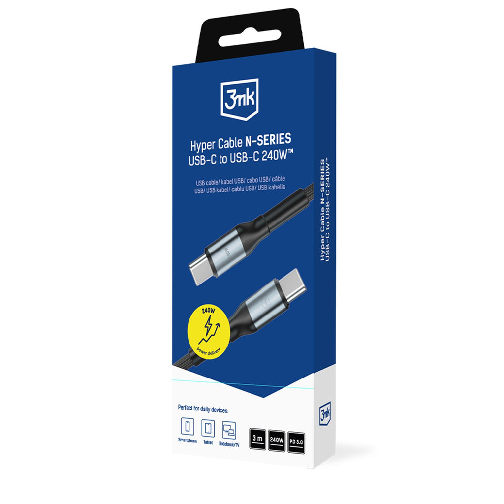 3mk Hyper Cable N-SERIES USB-C / USB-C 3m PD 3.0 QC 3.0 48V / 5A 240W - juodas -- Cell phone cables