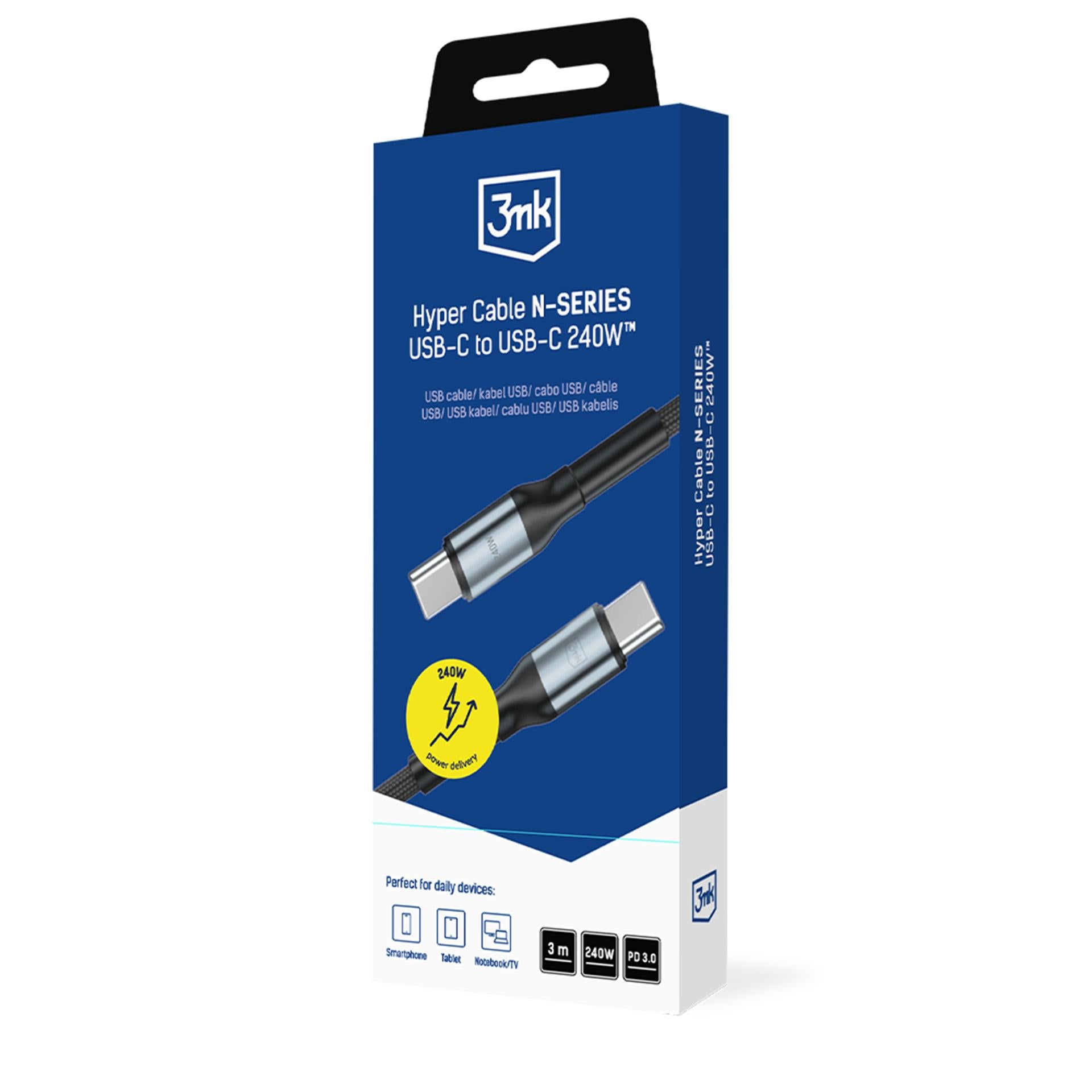 3mk Hyper Cable N-SERIES USB-C / USB-C 3m PD 3.0 QC 3.0 48V / 5A 240W - juodas -- Cell phone cables