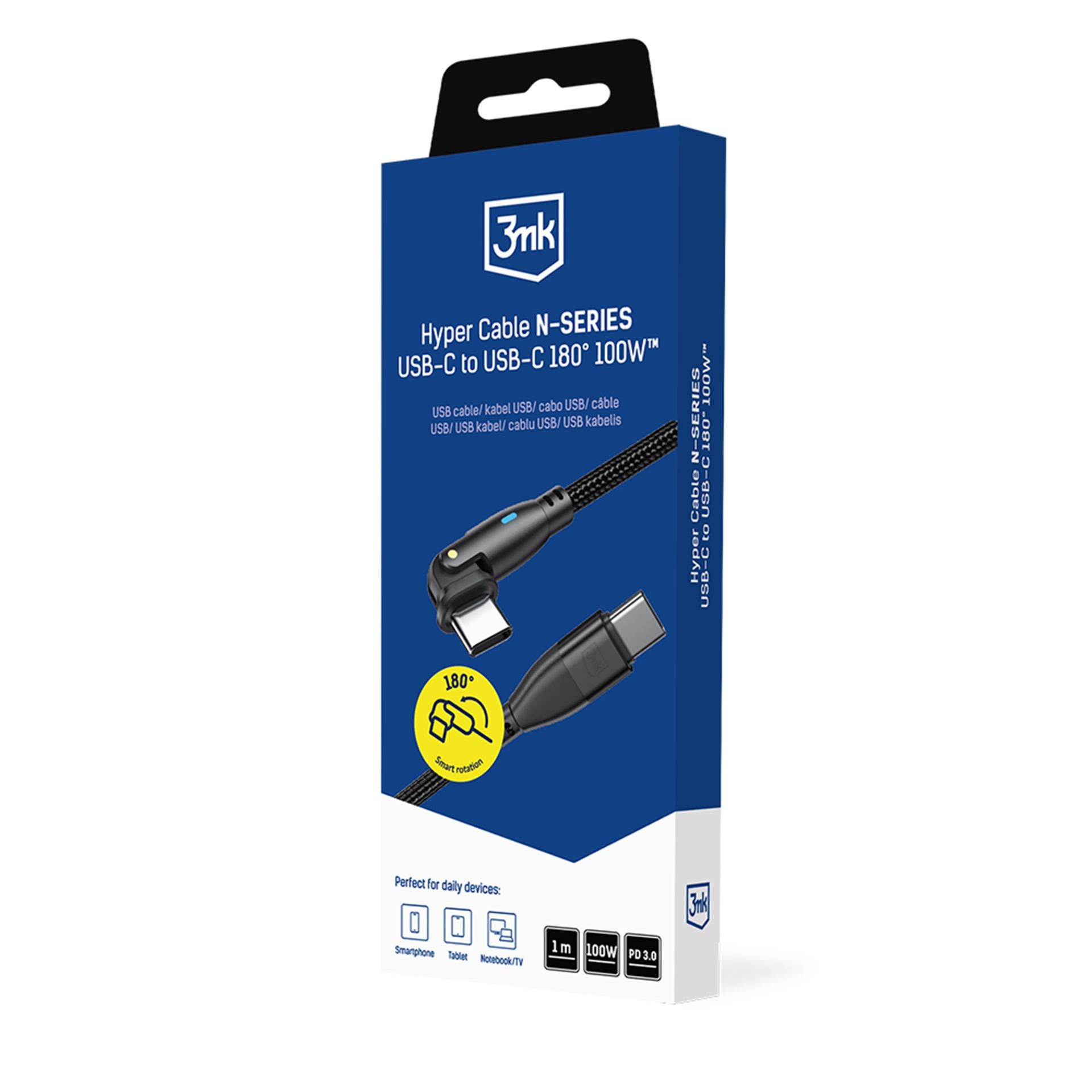 3mk Hyper Cable N-SERIES USB-C / USB-C 1m PD 3.0 QC 3.0 20V / 5A 100W - juodas -- Cell phone cables