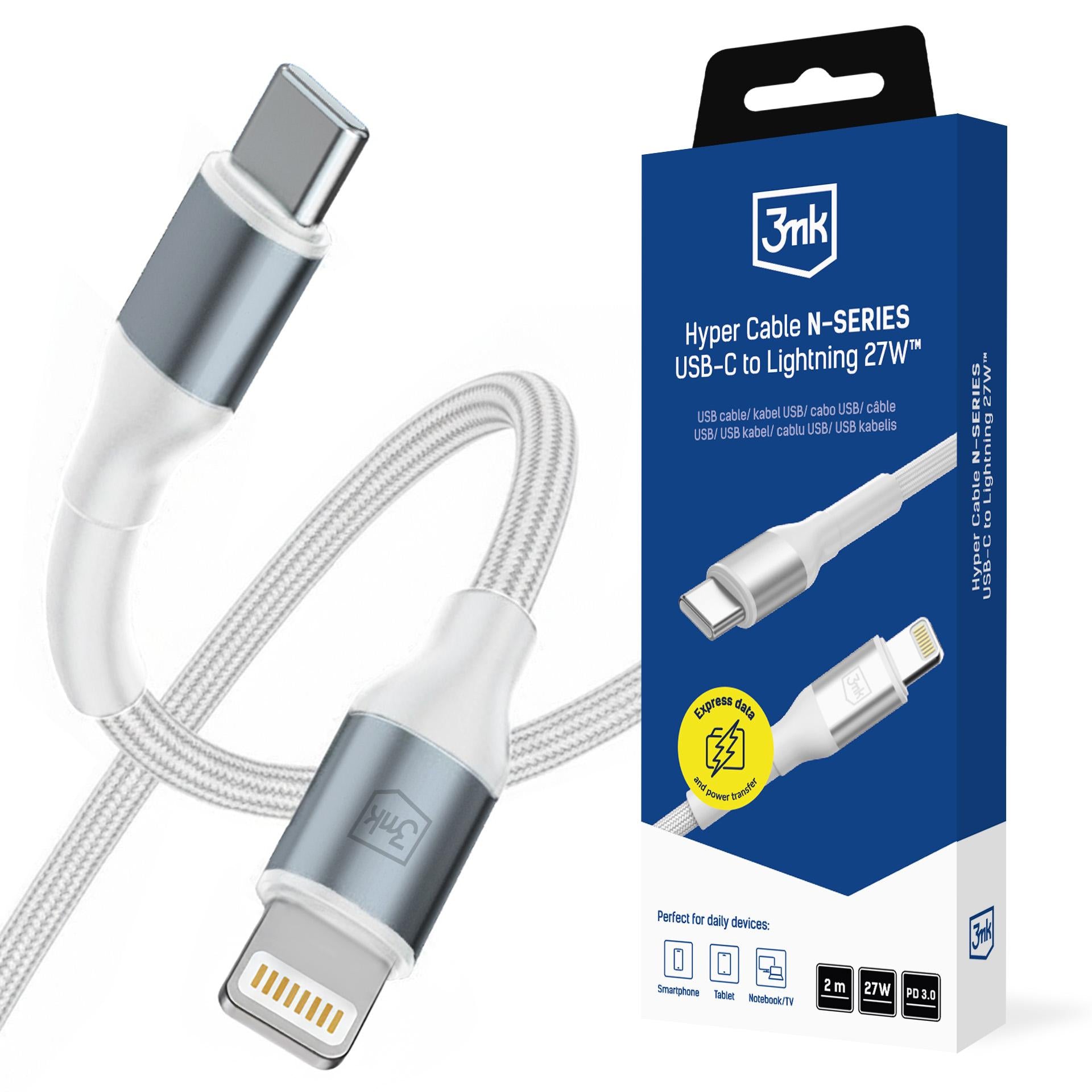 3mk Hyper Cable N-SERIES USB-C / Lightning 2m PD 3.0 9V / 3A 27W - baltas -- Cell phone cables