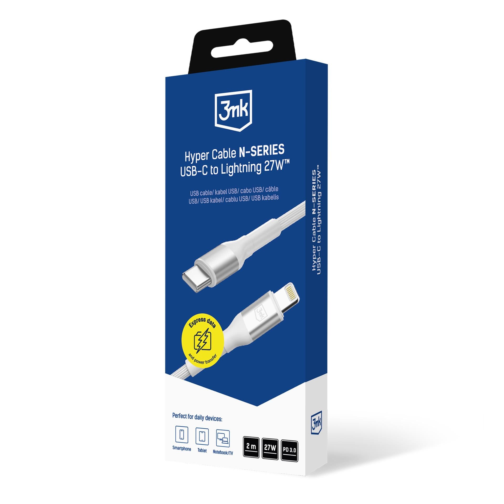 3mk Hyper Cable N-SERIES USB-C / Lightning 2m PD 3.0 9V / 3A 27W - baltas -- Cell phone cables