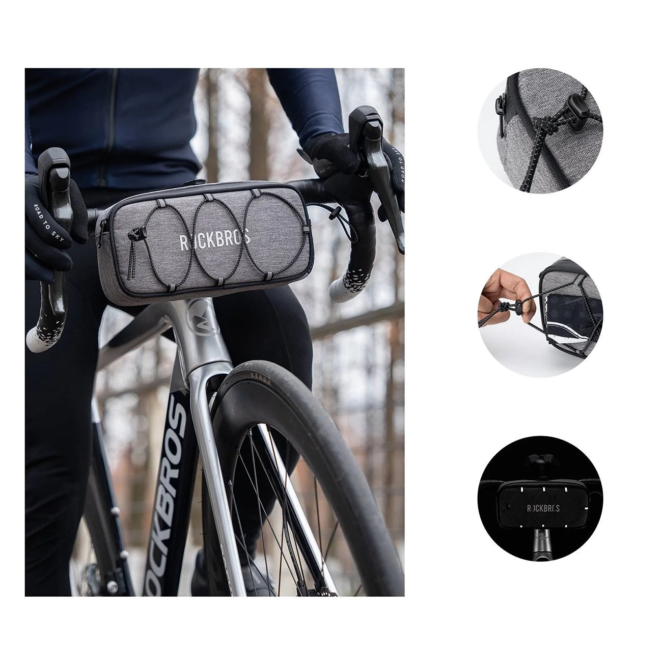 Rockbros TL001 ROAD TO SKY 1.9L Atsparus vandeniui dviračio krepšys vairamiui - Pilkas -- Bicycle Bags