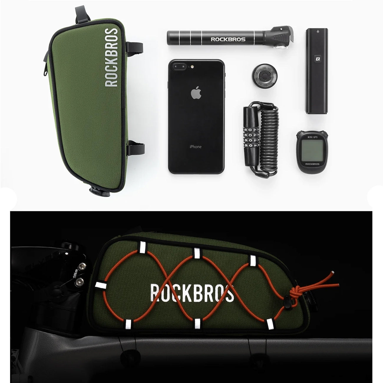 Rockbros TL004 ROAD TO SKY 0,7L atsparus vandeniui dviračio rėmo krepšys - žalia -- Bicycle Bags
