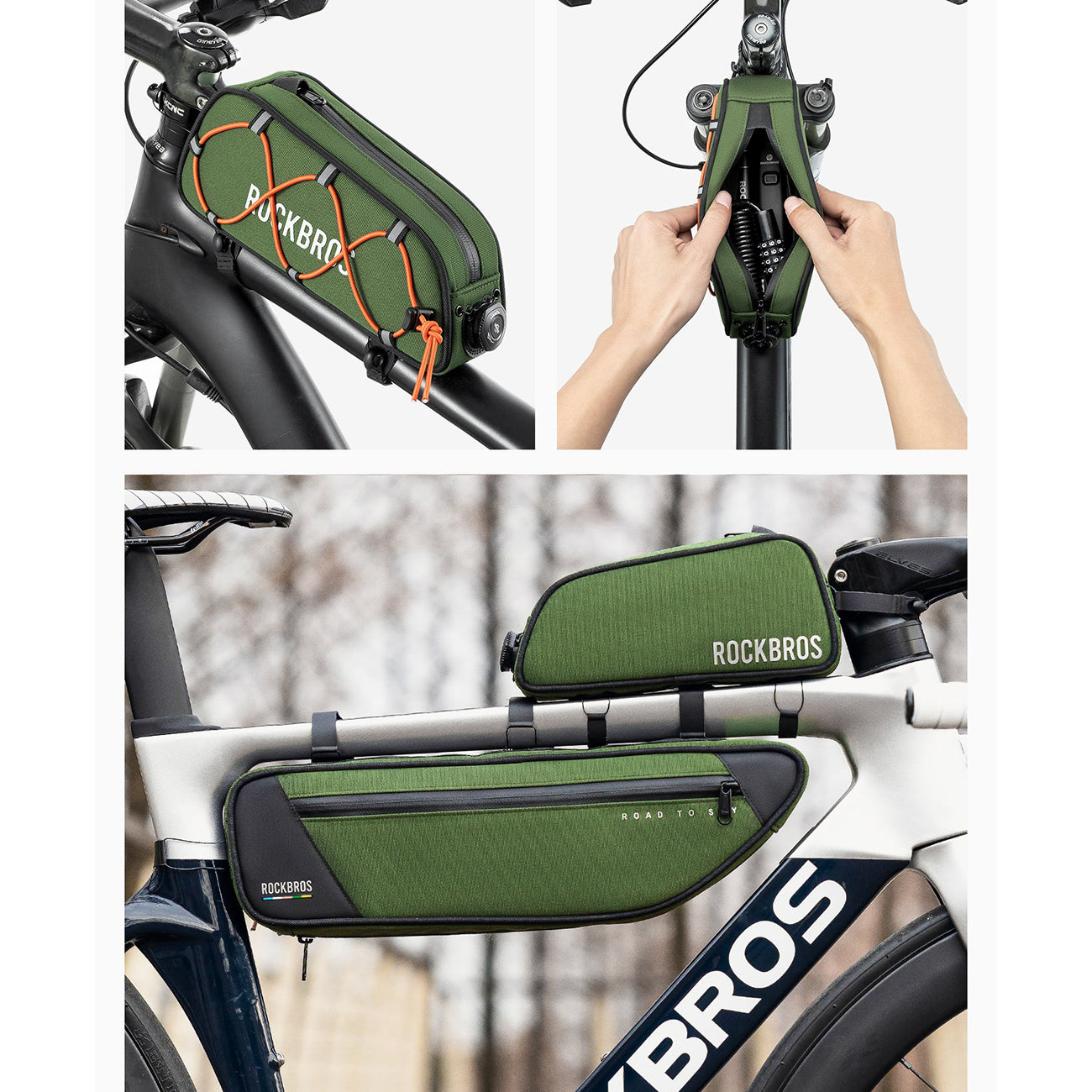 Rockbros TL004 ROAD TO SKY 0,7L atsparus vandeniui dviračio rėmo krepšys - žalia -- Bicycle Bags