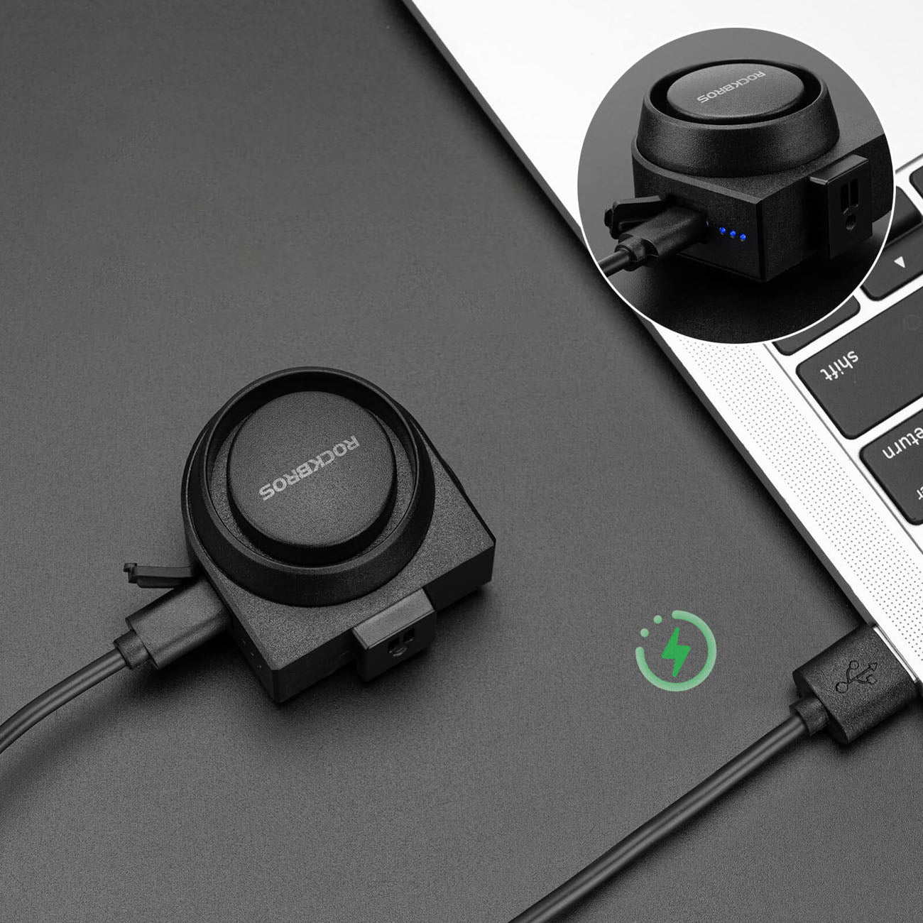 Rockbros A2 Dviračio skambis su 115 dB aliarmą ir USB-C nuotoliniu valdymu - Juodas -- Bicycle Bells & Horns