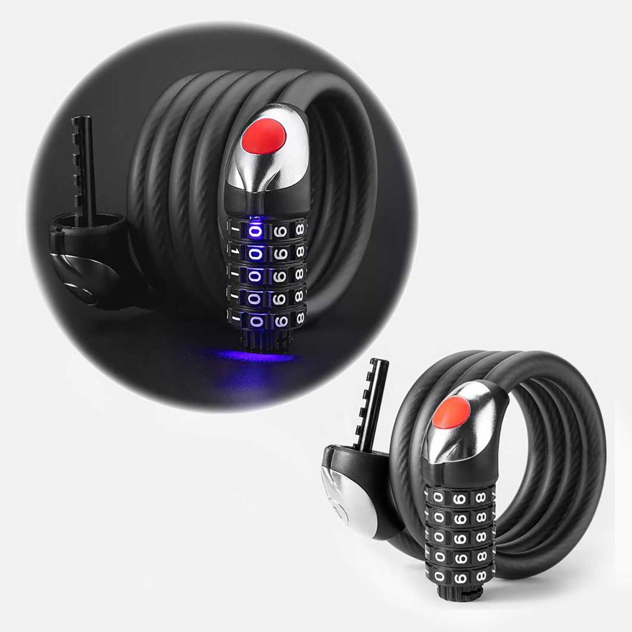Rockbros RKS531 dviračio užraktas su 5 skaitmenų kodu, plieno kabelis, 120 cm, su LED apšvietimu - juodas -- Bicycle Locks