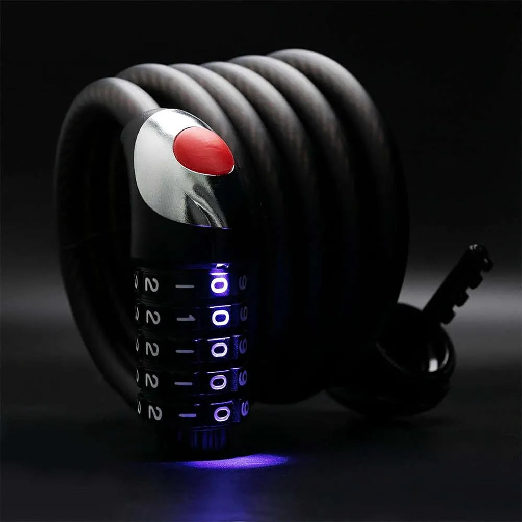 Rockbros RKS531 dviračio užraktas su 5 skaitmenų kodu, plieno kabelis, 180 cm, su LED apšvietimu - juodas -- Bicycle Locks