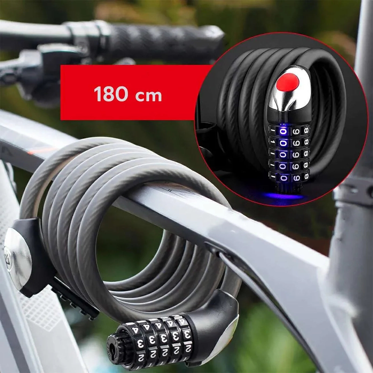 Rockbros RKS531 dviračio užraktas su 5 skaitmenų kodu, plieno kabelis, 180 cm, su LED apšvietimu - juodas -- Bicycle Locks