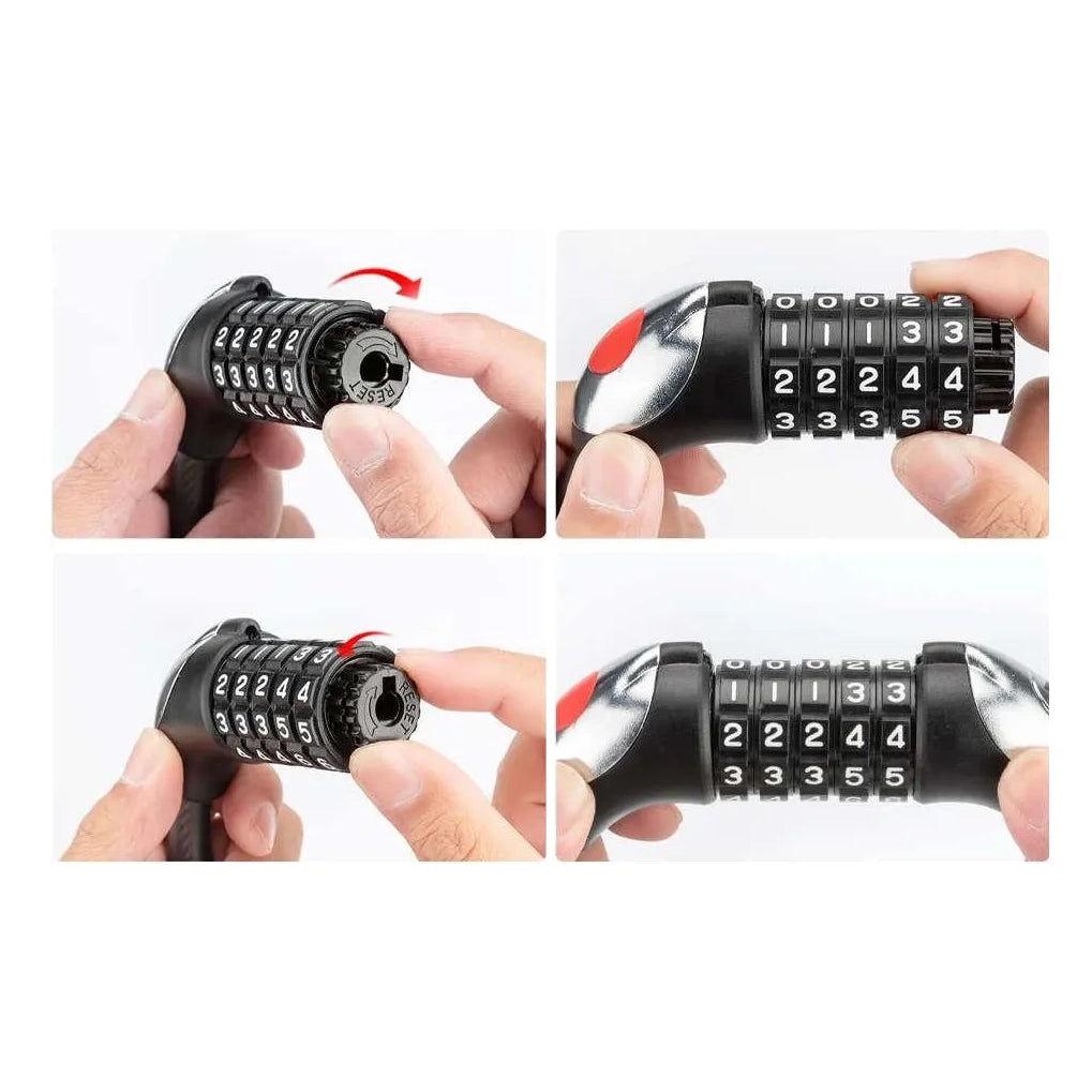 Rockbros RKS531 dviračio užraktas su 5 skaitmenų kodu, plieno kabelis, 180 cm, su LED apšvietimu - juodas -- Bicycle Locks