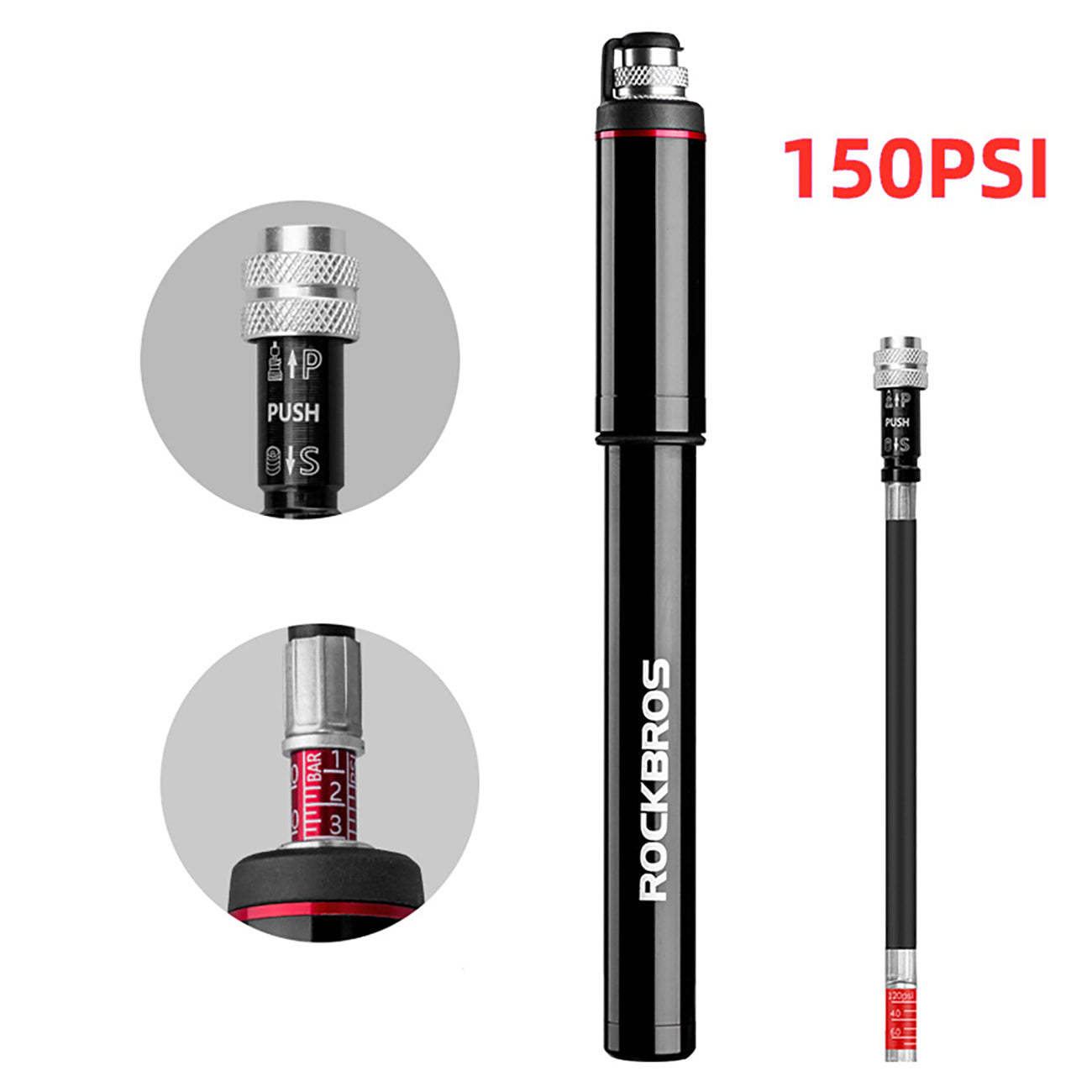 Rockbros SMART-B 150 PSI Mini dviračio pompa Presta ir Schrader vožtuvams - juoda -- Bicycle Pumps