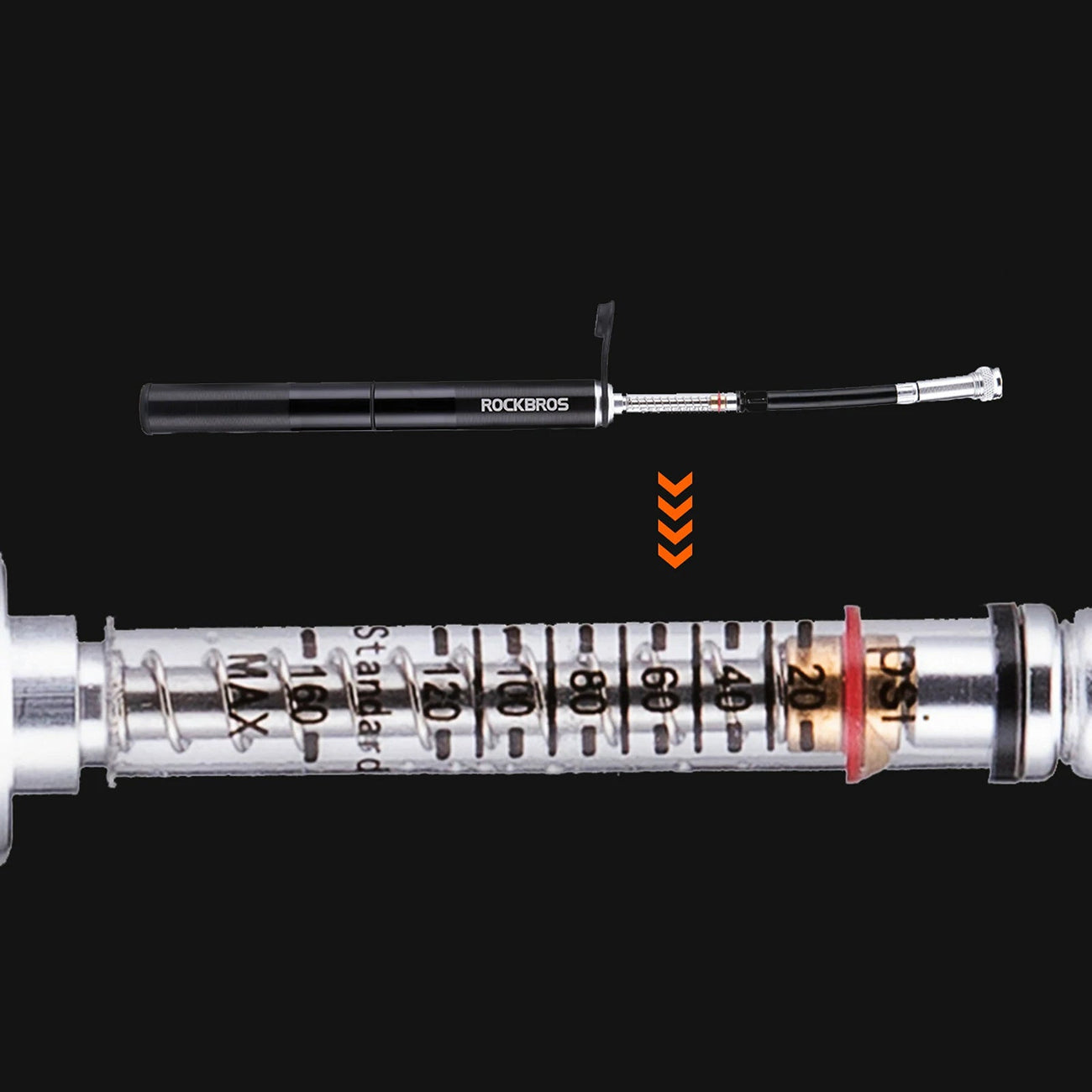Rockbros JG-PB-004 lengva dviračio pompa su slėgio matuokliu - juoda -- Bicycle Pumps