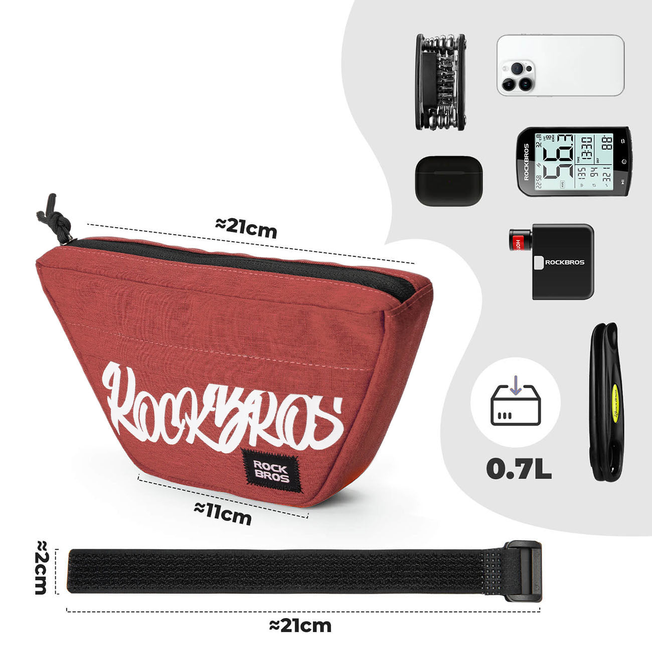 Rockbros G011 Flash Journey trapecinis vairo dviračio krepšys 0,7 l – raudonas -- Bicycle Bags