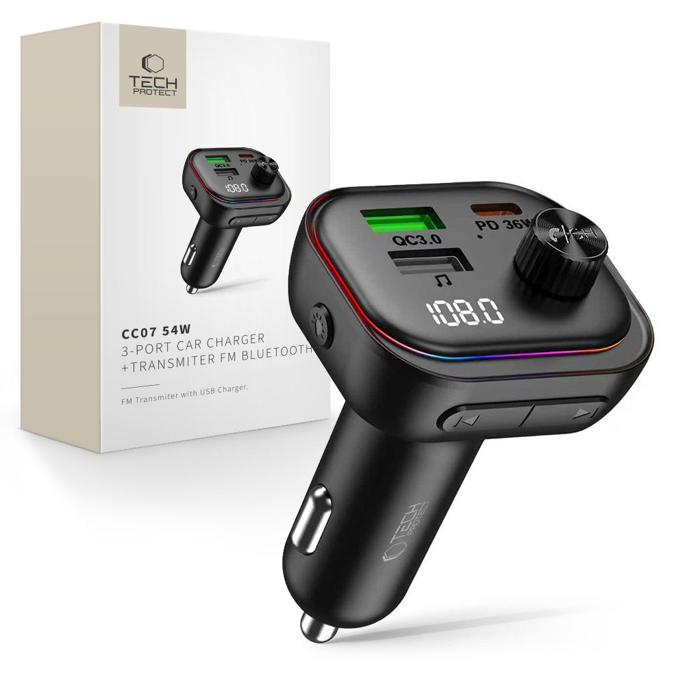 Tech-Protect CC07 automobilinis įkroviklis 3 prievadai PD 54W + FM Bluetooth siųstuvas - juodas -- Cell phone chargers