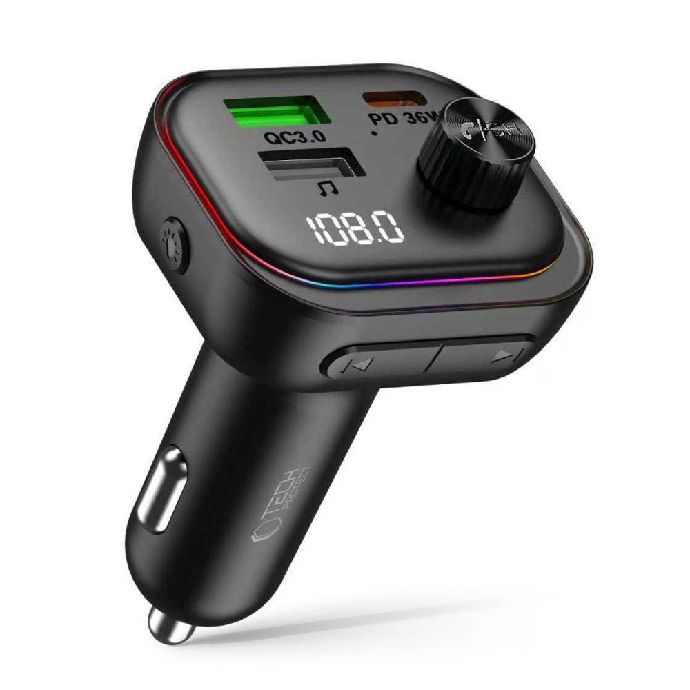 Tech-Protect CC07 automobilinis įkroviklis 3 prievadai PD 54W + FM Bluetooth siųstuvas - juodas -- Cell phone chargers