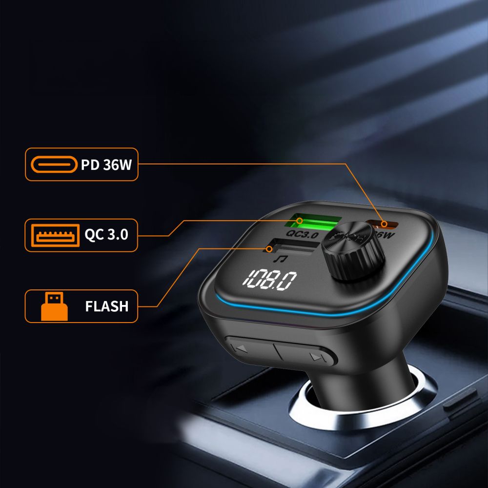 Tech-Protect CC07 automobilinis įkroviklis 3 prievadai PD 54W + FM Bluetooth siųstuvas - juodas -- Cell phone chargers