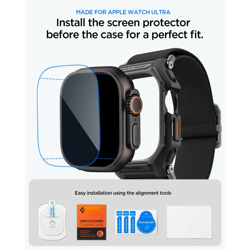 Spigen Lite Fit Pro dirželis + grūdintas stiklas ekranui, skirtas Apple Watch Ultra 49 mm – juodas -- Apple Watch Ultra 49mm