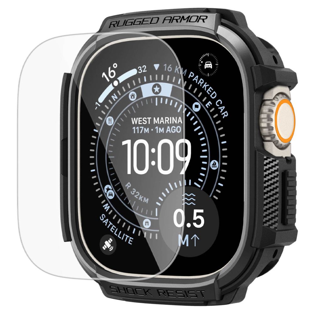 Spigen Rugged Armor dėklas + 9H grūdintas stiklas Apple Watch Ultra 49 mm - juodas matinis -- Apple Watch Ultra