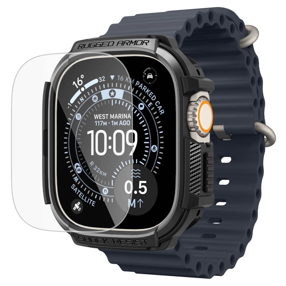 Spigen Rugged Armor dėklas + 9H grūdintas stiklas Apple Watch Ultra 49 mm - juodas matinis -- Apple Watch Ultra