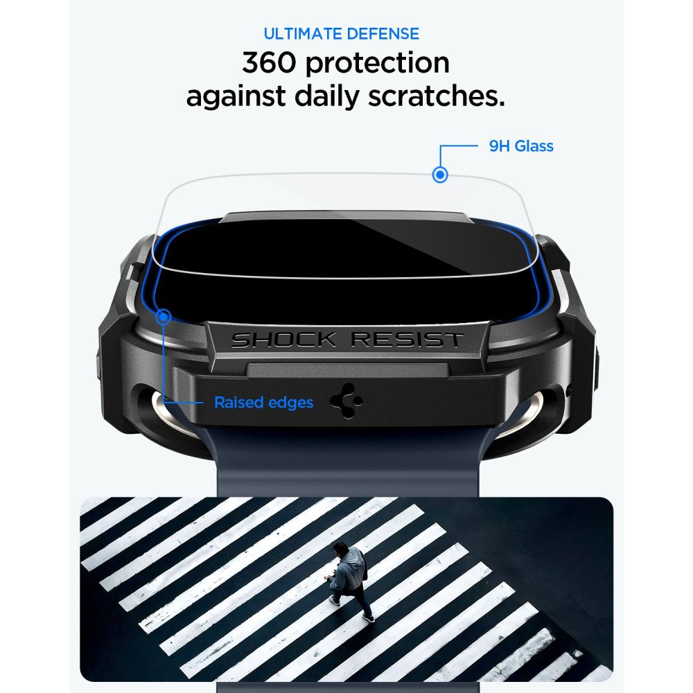Spigen Rugged Armor dėklas + 9H grūdintas stiklas Apple Watch Ultra 49 mm - juodas matinis -- Apple Watch Ultra