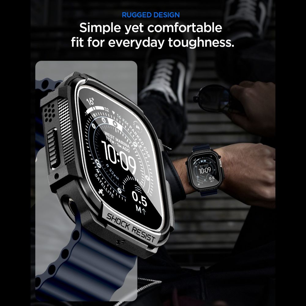 Spigen Rugged Armor dėklas + 9H grūdintas stiklas Apple Watch Ultra 49 mm - juodas matinis -- Apple Watch Ultra
