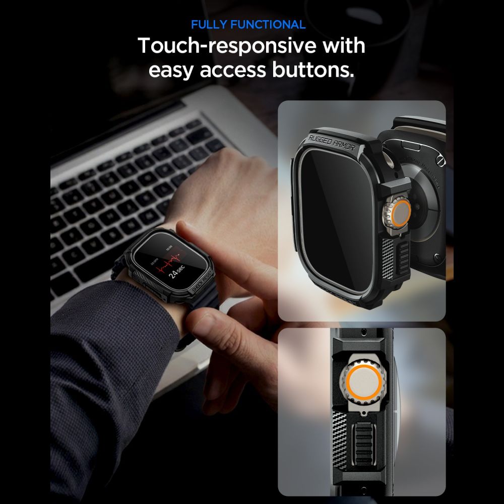 Spigen Rugged Armor dėklas + 9H grūdintas stiklas Apple Watch Ultra 49 mm - juodas matinis -- Apple Watch Ultra