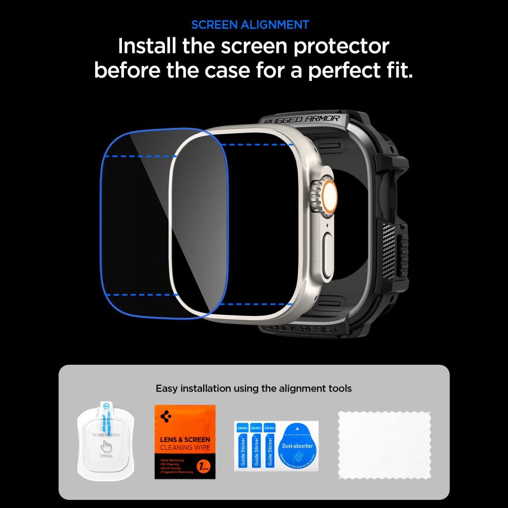 Spigen Rugged Armor dėklas + 9H grūdintas stiklas Apple Watch Ultra 49 mm - juodas matinis -- Apple Watch Ultra