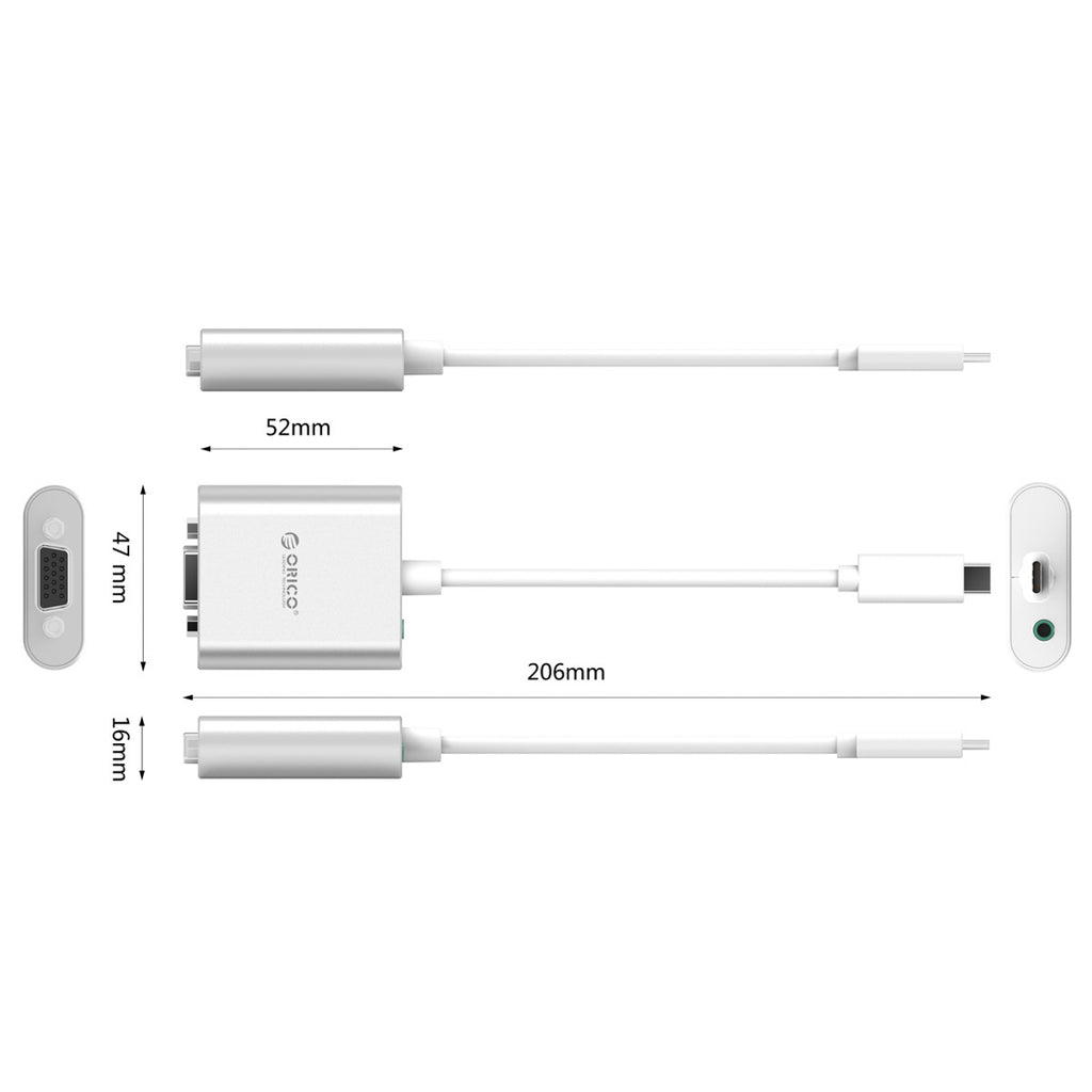 Orico PTAV USB-C - VGA adapteris ir 3,5 mm Full HD mini šonas 0,15 m - sidabrinė -- Video Adapters