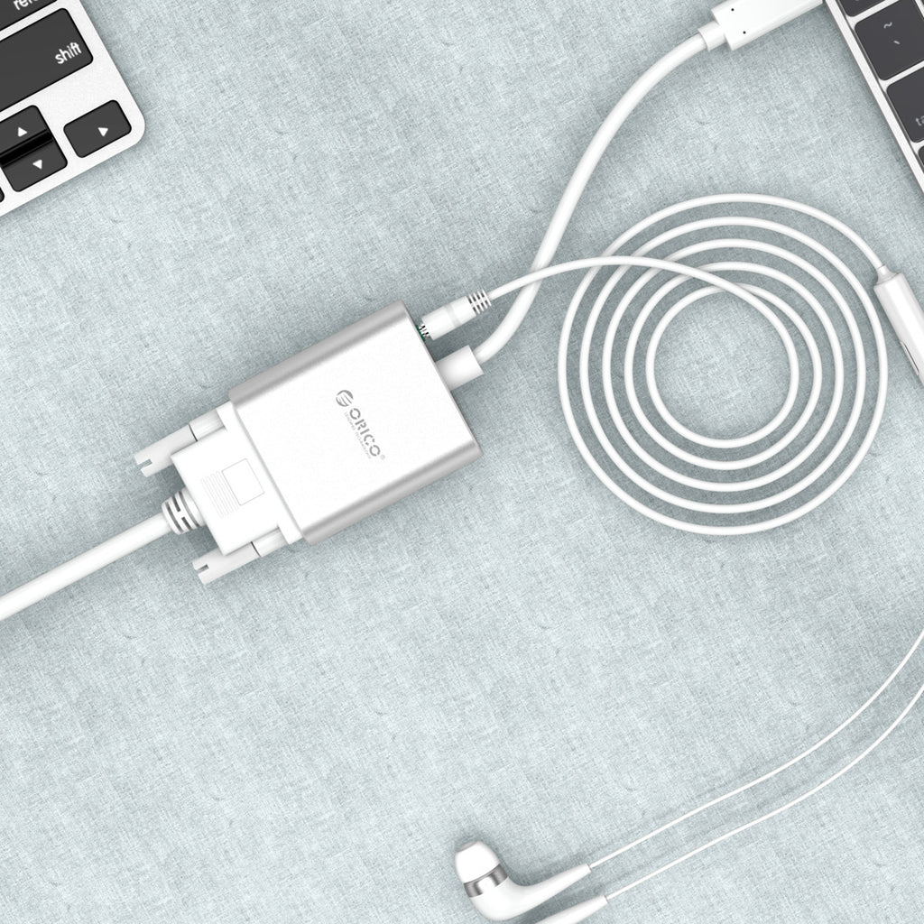 Orico PTAV USB-C - VGA adapteris ir 3,5 mm Full HD mini šonas 0,15 m - sidabrinė -- Video Adapters