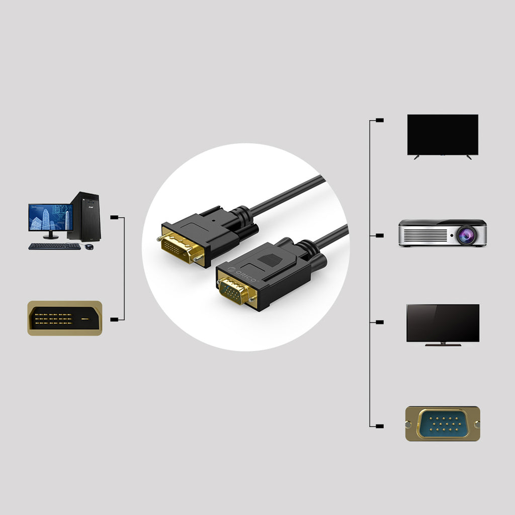 Orico XD-DITV kabelis DVI 24+1 VGA Full HD adapteris 5 m - juodas -- Video Cables