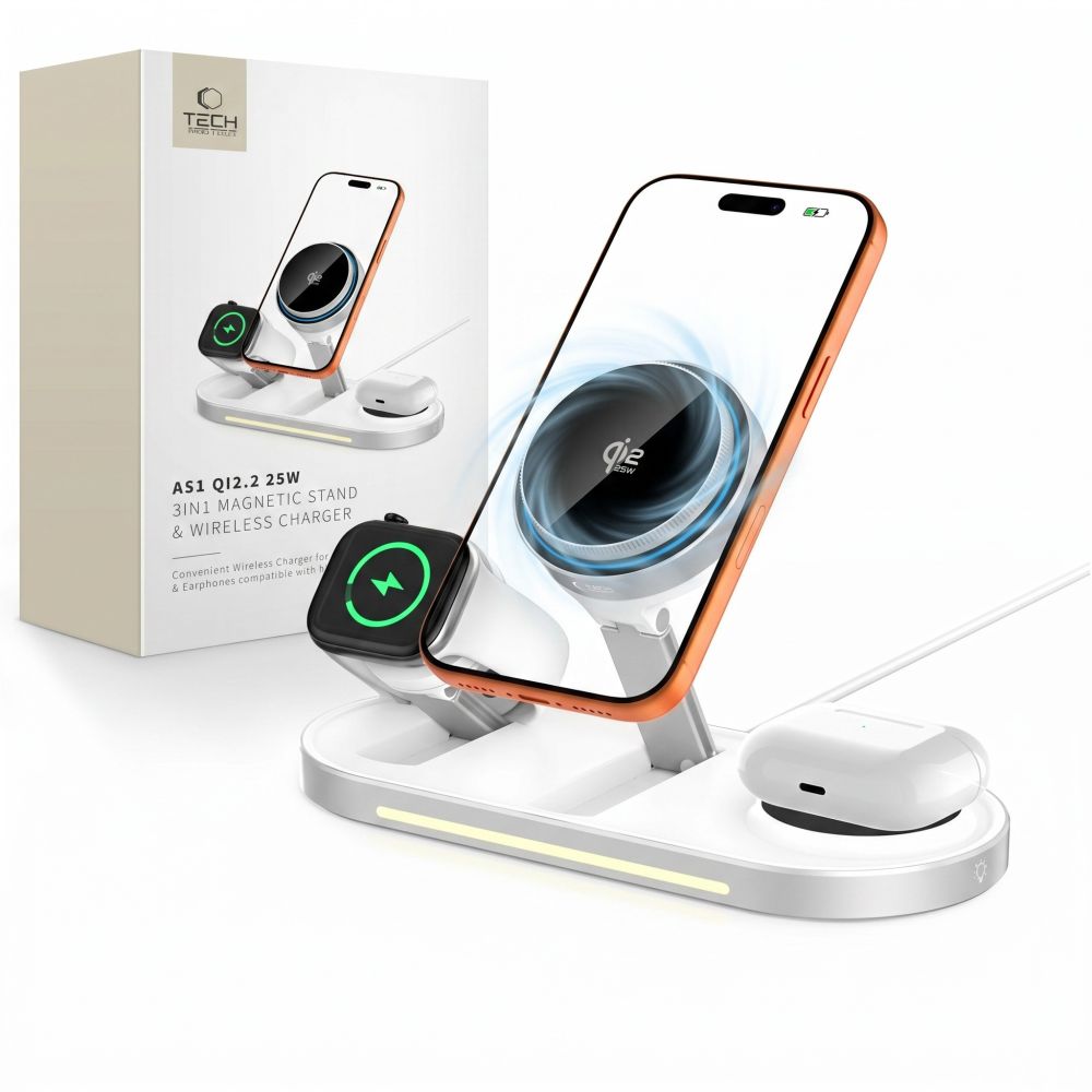 Tech-Protect A51 MagSafe 3-in-1 25W QI2.2 belaidis įkroviklis - baltas -- Cell phone chargers