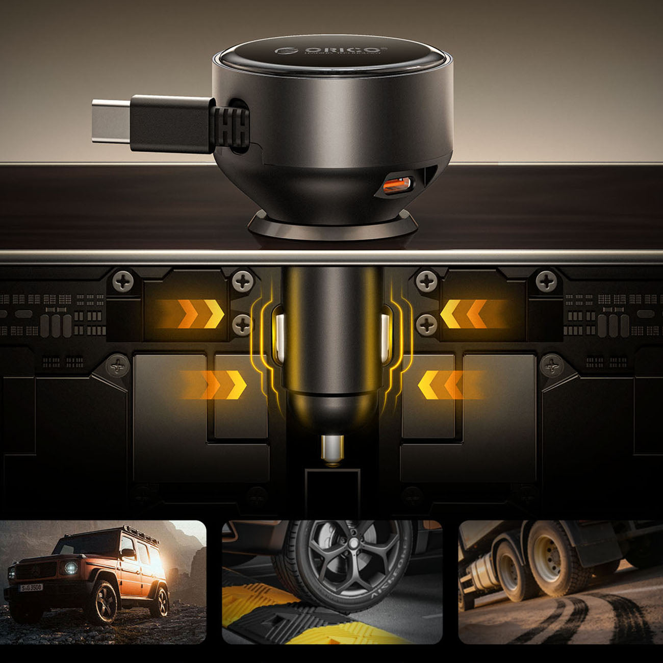 Orico FC-60-2C automobilio įkroviklis 60W su suvytintam USB-C kabeliu 65 cm - juoda -- Car chargers