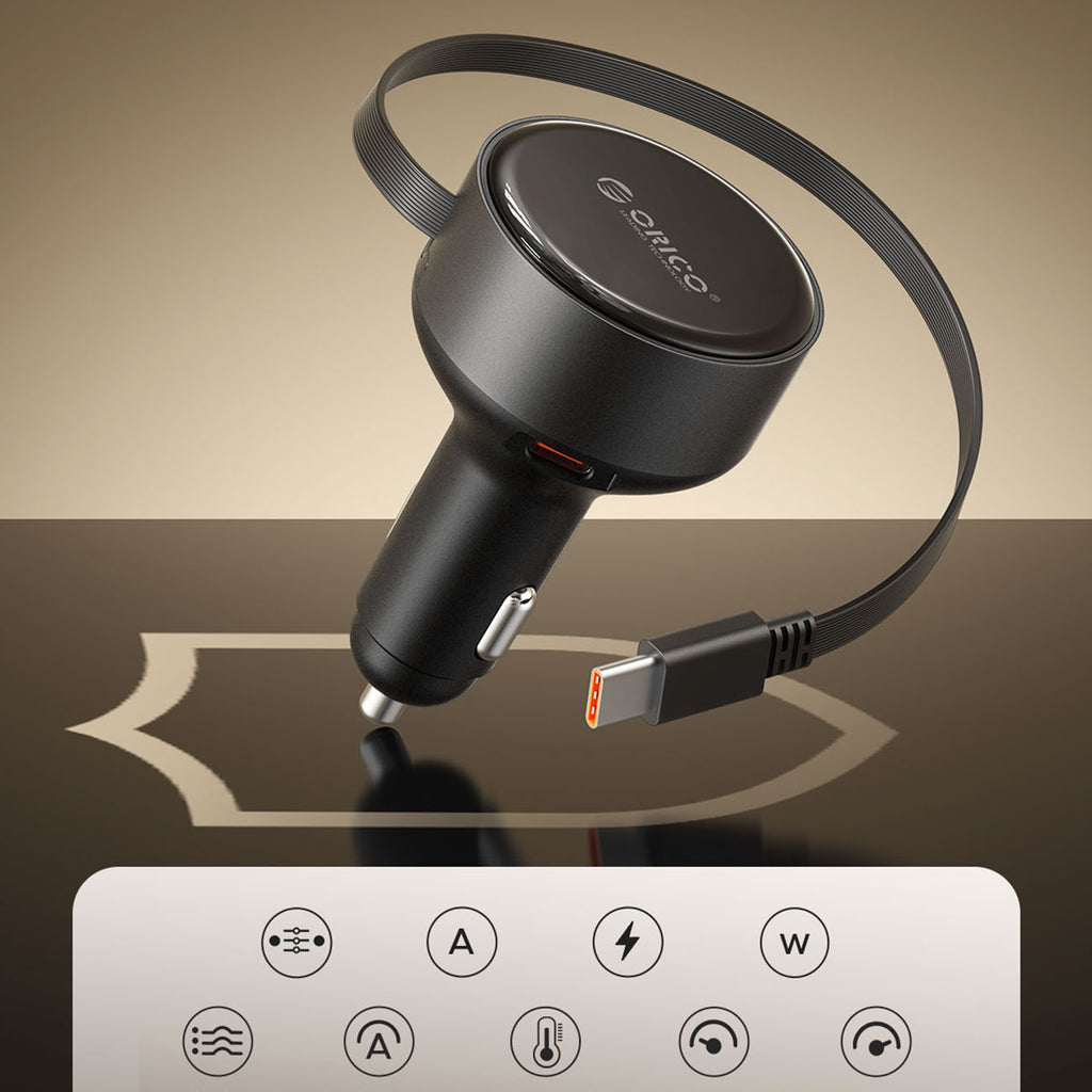 Orico FC-60-2C automobilio įkroviklis 60W su suvytintam USB-C kabeliu 65 cm - juoda -- Car chargers