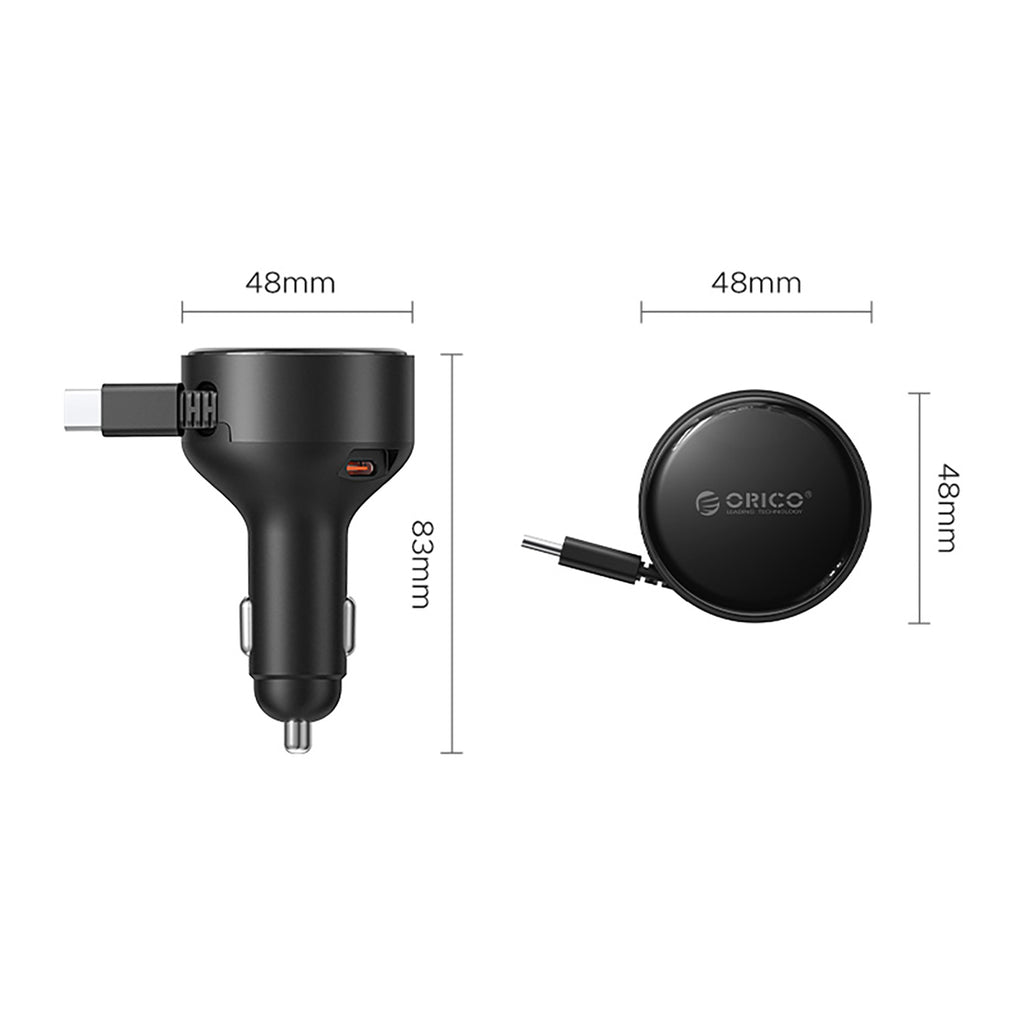 Orico FC-60-2C automobilio įkroviklis 60W su suvytintam USB-C kabeliu 65 cm - juoda -- Car chargers