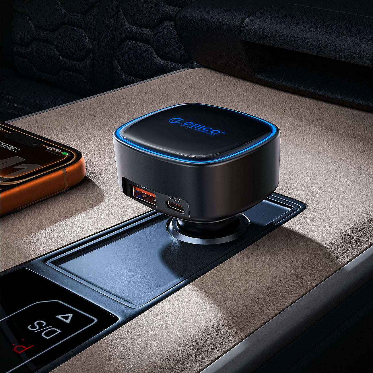 Orico FC-66-1A2C 66W automobilio įkroviklis su integruotu suvytintam USB-C kabeliu - juoda -- Car chargers