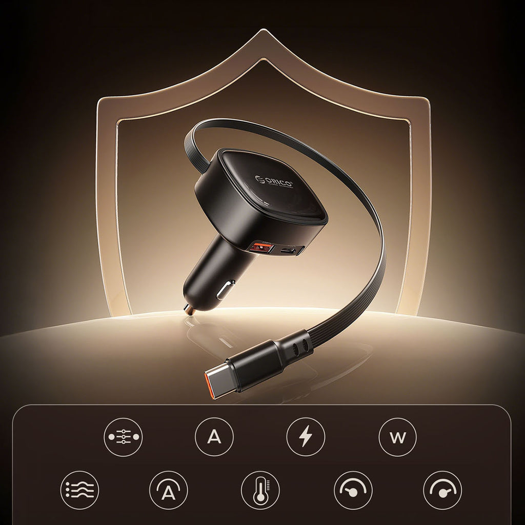 Orico FC-66-1A2C 66W automobilio įkroviklis su integruotu suvytintam USB-C kabeliu - juoda -- Car chargers