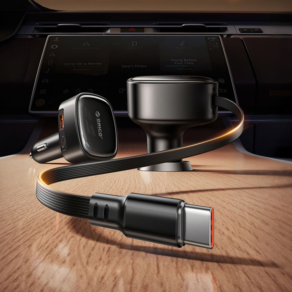 Orico FC-66-1A2C 66W automobilio įkroviklis su integruotu suvytintam USB-C kabeliu - juoda -- Car chargers