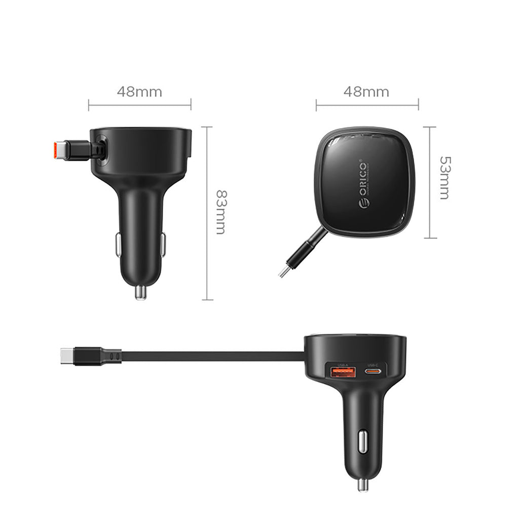 Orico FC-66-1A2C 66W automobilio įkroviklis su integruotu suvytintam USB-C kabeliu - juoda -- Car chargers