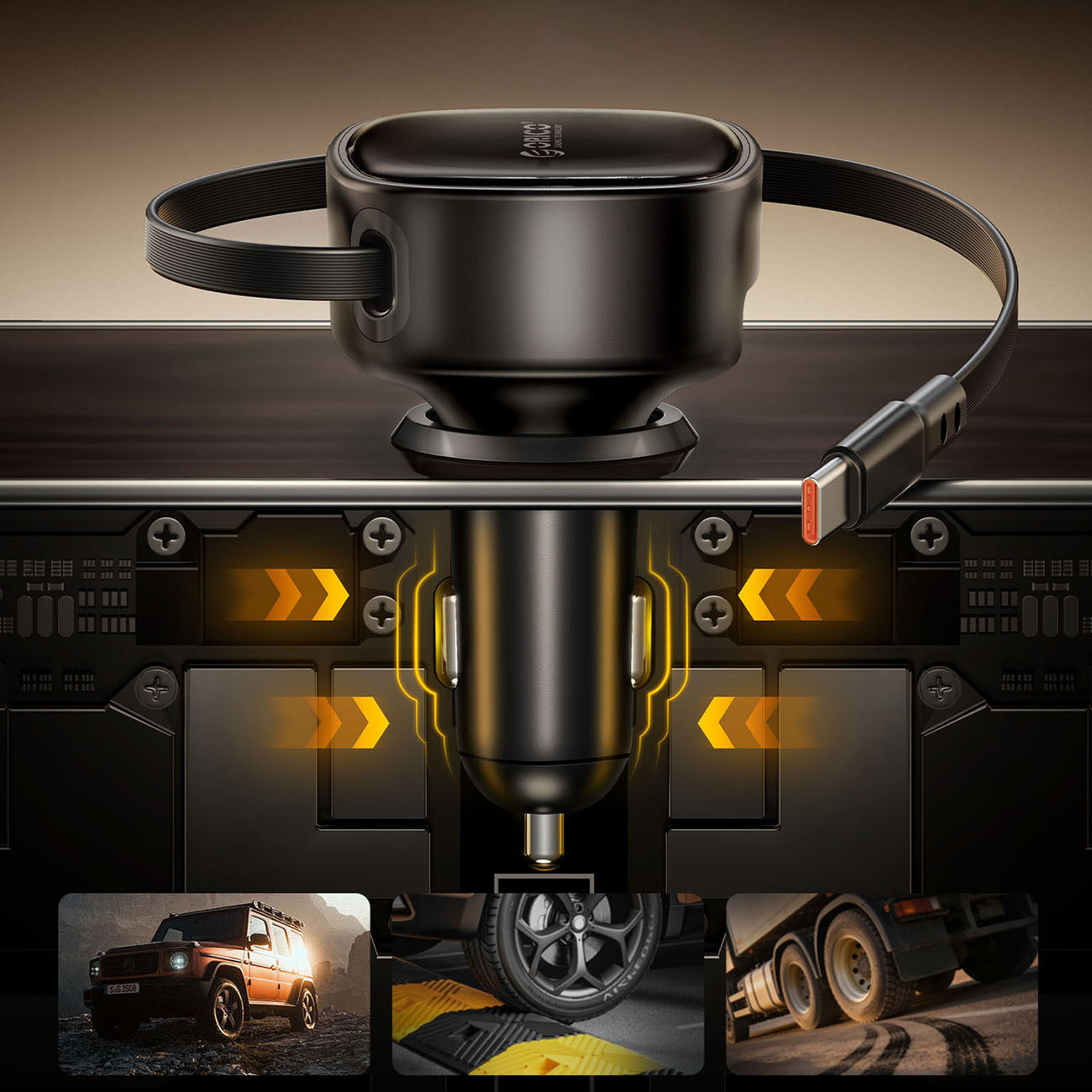 Orico FC-66-1A2C 66W automobilio įkroviklis su integruotu suvytintam USB-C kabeliu - juoda -- Car chargers