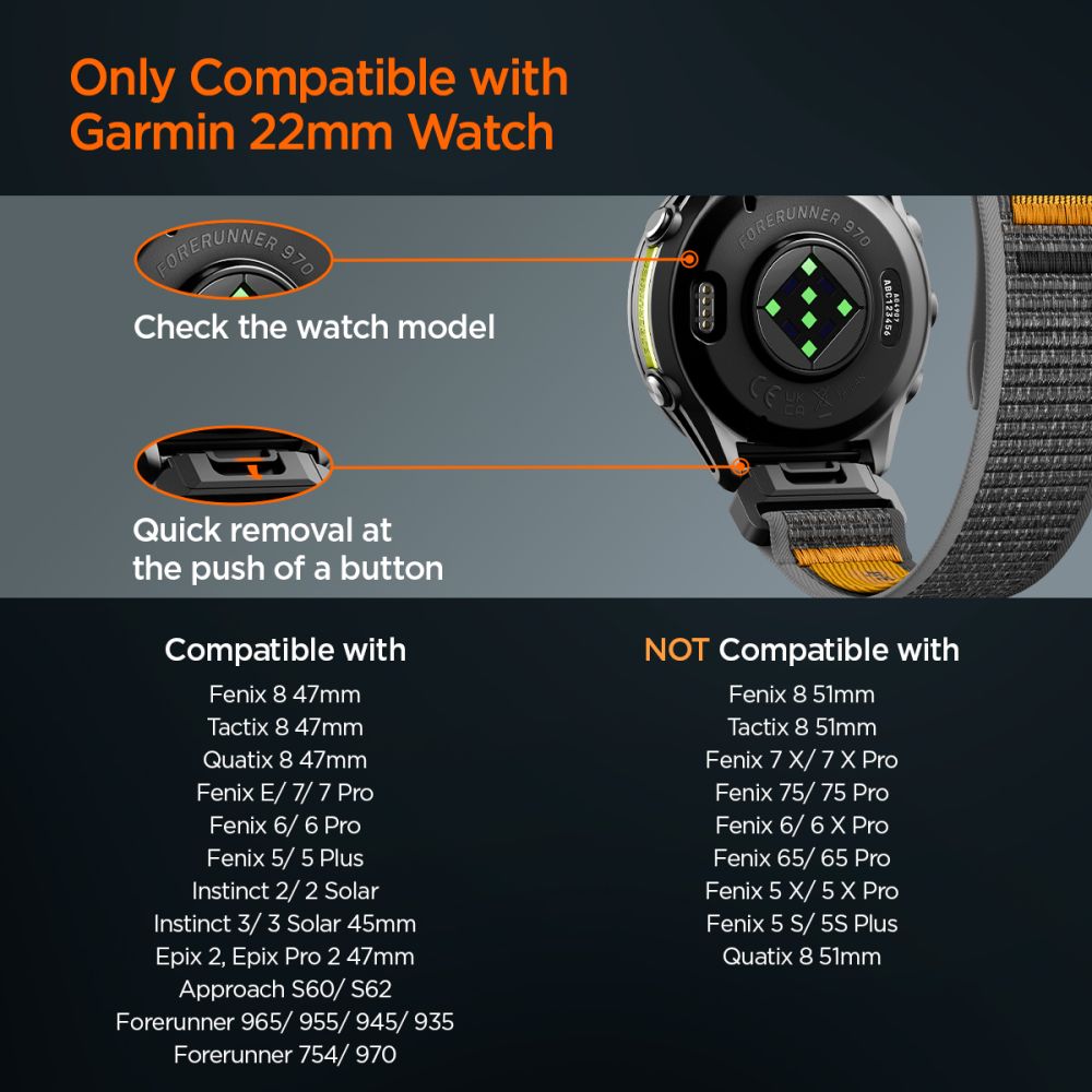 Spigen Athlex Air dirželis Garmin QuickFit 22 mm - juoda ir oranžinė spalva -- Garmin QuickFit 22mm