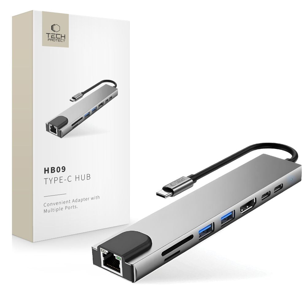 Tech-Protect HB09 USB hub 8in1 USB-C + USB-A 3.0 + USB-C 3.0 + HDMI 4K 60Hz + SD/TF + PD100W + RJ45 1000 MB/S - pilka --...