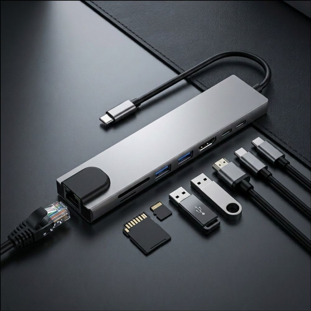 Tech-Protect HB09 USB hub 8in1 USB-C + USB-A 3.0 + USB-C 3.0 + HDMI 4K 60Hz + SD/TF + PD100W + RJ45 1000 MB/S - pilka --...