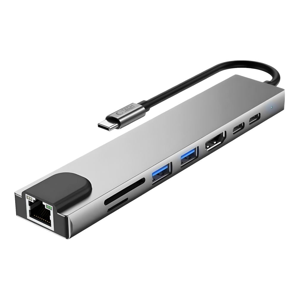 Tech-Protect HB09 USB hub 8in1 USB-C + USB-A 3.0 + USB-C 3.0 + HDMI 4K 60Hz + SD/TF + PD100W + RJ45 1000 MB/S - pilka --...