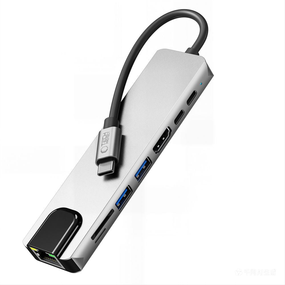 Tech-Protect HB09 USB hub 8in1 USB-C + USB-A 3.0 + USB-C 3.0 + HDMI 4K 60Hz + SD/TF + PD100W + RJ45 1000 MB/S - pilka --...