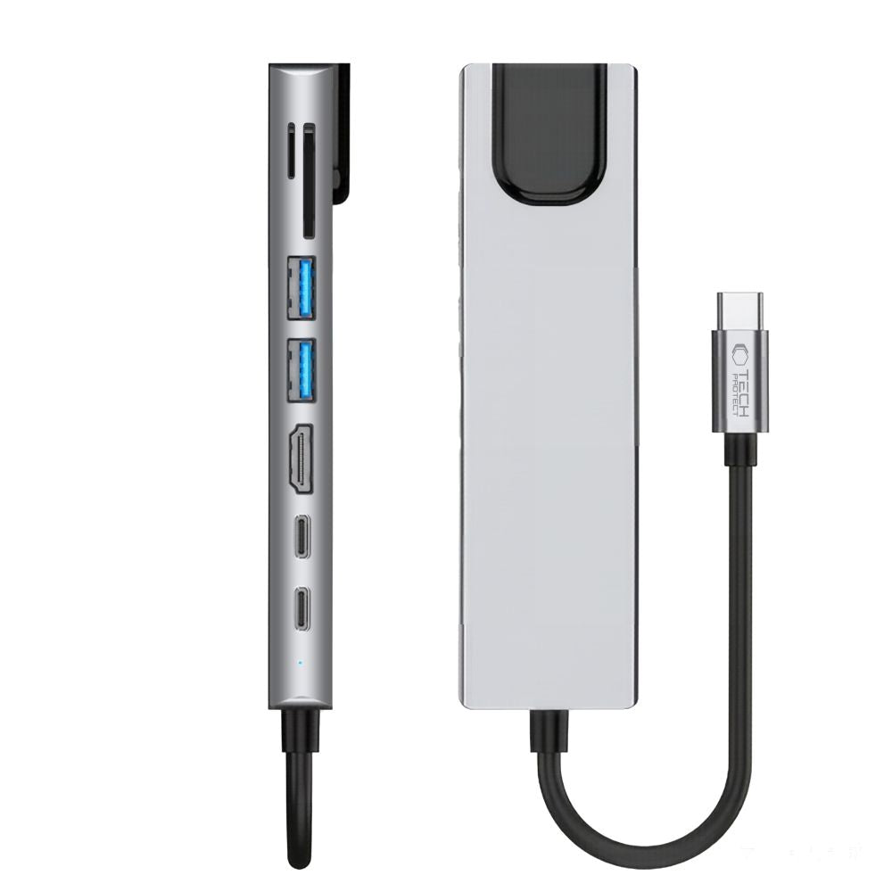Tech-Protect HB09 USB hub 8in1 USB-C + USB-A 3.0 + USB-C 3.0 + HDMI 4K 60Hz + SD/TF + PD100W + RJ45 1000 MB/S - pilka --...