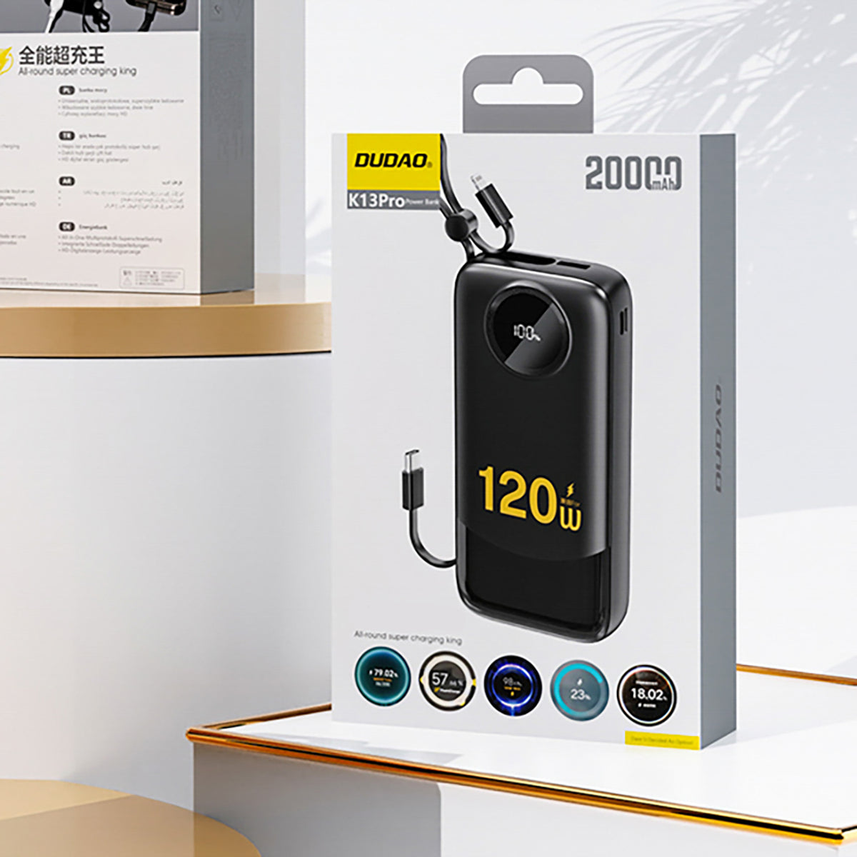 Dudao K13 10000mAh Powerbank su integruotu kabelu - Juoda -- Powerbanks